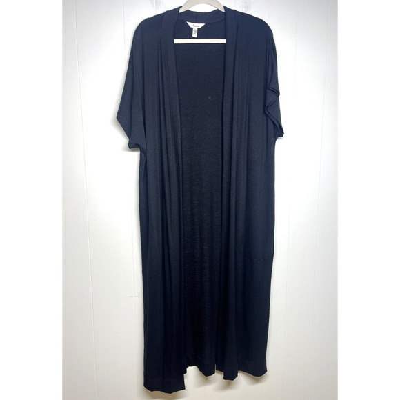 Soma Slub Terry Long Line Duster Pocket Size Large Open Front Short Sleeve Black - Picture 1 of 8